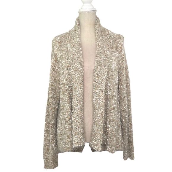 Lauren Michelle Cardigan Sweater Open Front Ribbon Eyelash Soft Tan Size Large - Picture 1 of 9